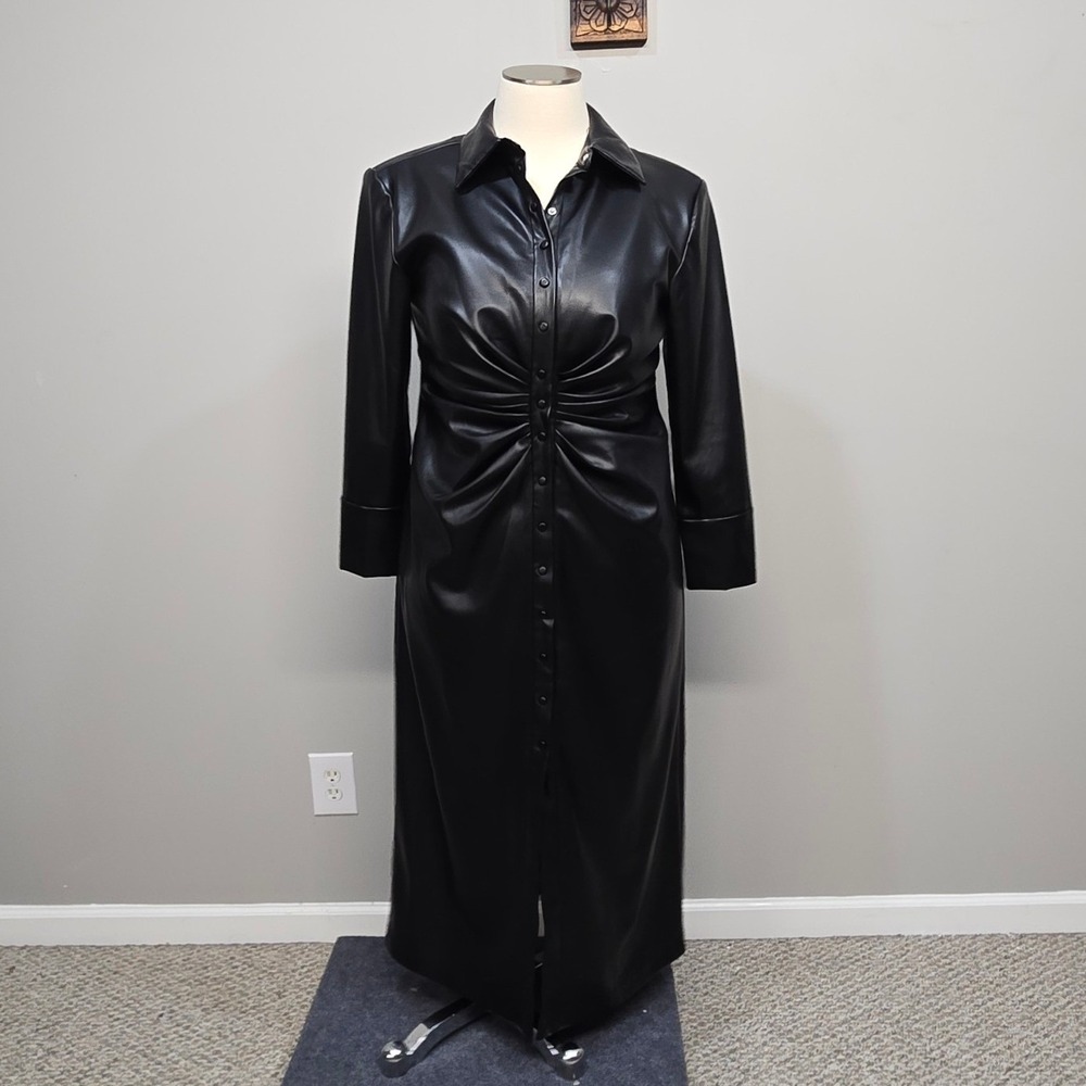 Eloquii Faux Leather Shirt Dress Plus Size 16 Black Midi Ruched Minimalist NWT